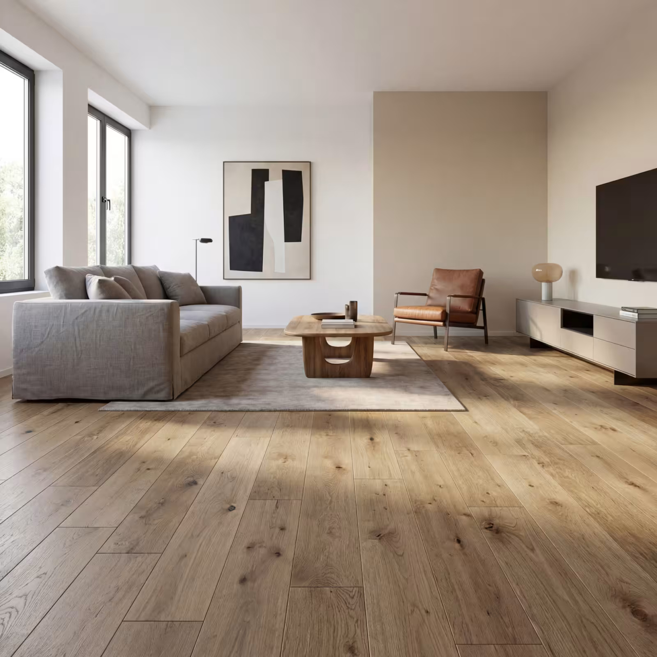 Pose de parquet contrecollé - SF Bois et PVC Parquet contrecollé chêne clair posé dans un salon moderne à Bouguenais